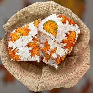 Fall Leaves Ribbon Wired Ribbon Fall Wreath Ribbon Copper Pumpkin Orange and Cream Wreath Ribbon 2.5&quot; wide with sparkle