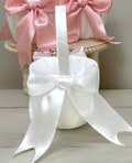 White Satin Flower Girl Basket Wedding basket with Satin Bows  choice of bow color