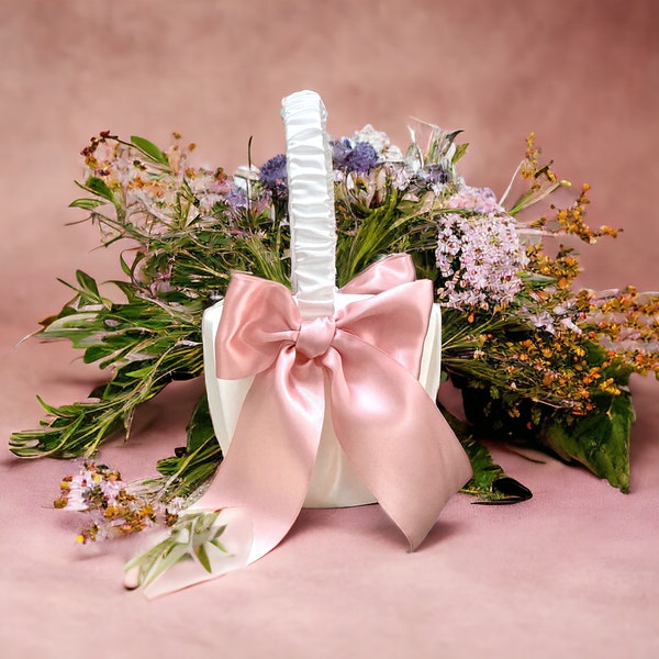 Flower Girl Basket Satin  Wedding basket with Satin Bows  choice of bow color
