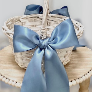 Flower Girl Basket Wicker or Willow Basket White Wash with Satin Bows color choice of bows Farmhouse Wedding basket