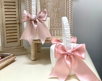 Satin Flower Girl Basket  Elegant Wedding basket with Satin Bows  choice of bow color