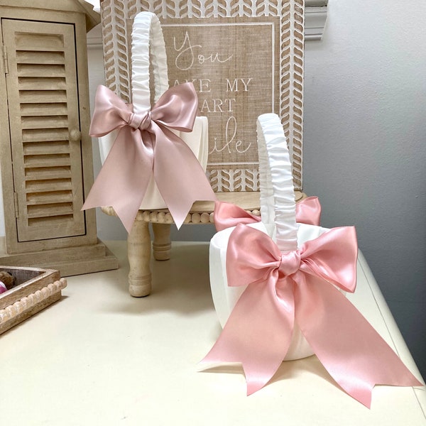 Satin Flower Girl Basket  Elegant Wedding basket with Satin Bows  choice of bow color