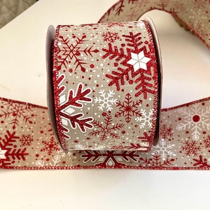 Christmas Ribbon Wired Ribbon holiday Wreath Ribbon Rustic Red and white Snowflake Ribbon 2.5&quot; wide with lots of sparkle