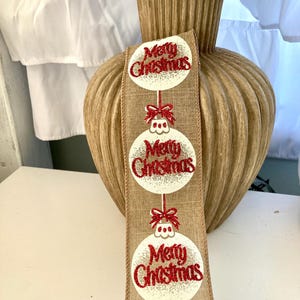 Merry Christmas Text Ribbon Wired Rustic Ribbon Merry Christmas Ribbon 2.5&quot; wide Red white ribbon