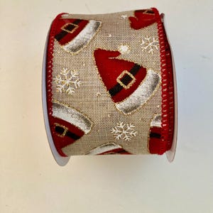 Christmas Ribbon Wired Santa Hat Rustic Ribbon  Ribbon 2.5&quot; wide Red white ribbon