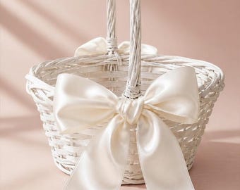 Large Flower Girl Basket White Wash Wicker with Satin Bows  Wedding basket