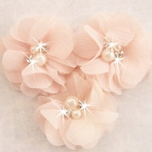 Blush Pink 2 Chiffon Flowers with Rhinestones and Pearls Hand-dyed Blush Fabric Flowers image 3