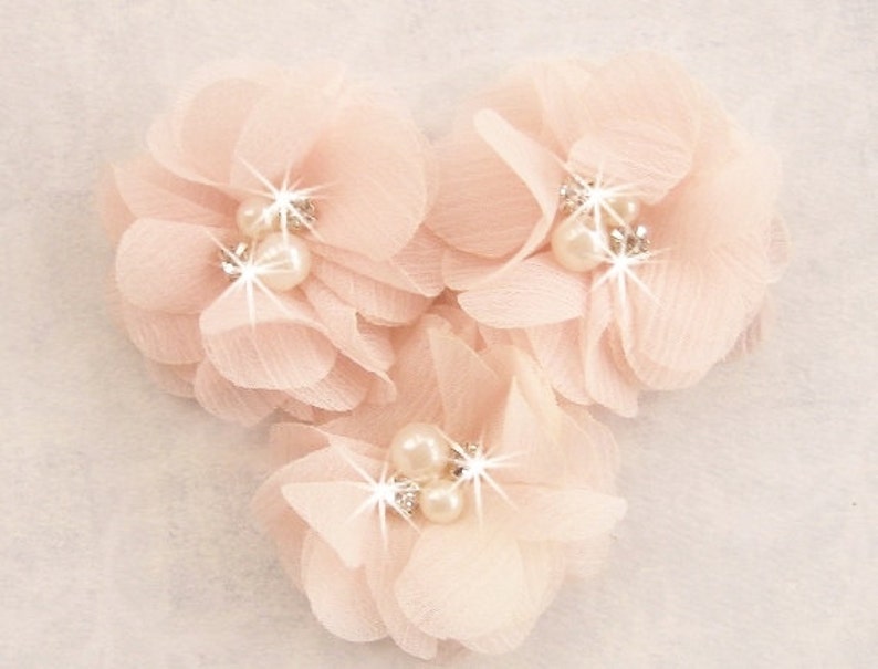 Blush Pink 2 Chiffon Flowers with Rhinestones and Pearls Hand-dyed Blush Fabric Flowers image 3