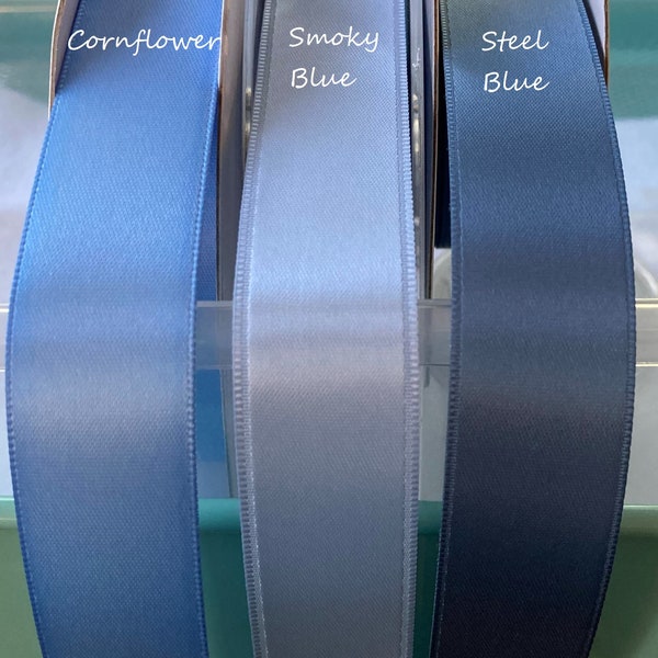 Blue Satin Ribbon Double Sided Smoky Blue,  Cornflower, Steel Blue Luxurious Quality Satin for Weddings, Invitations, Sashes, By the Yard