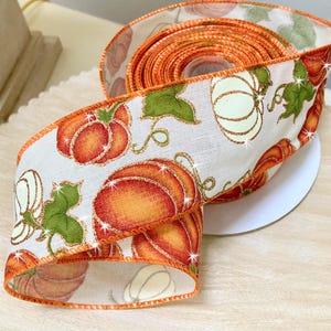 Cinta de calabaza Cinta con alambre Cinta para corona de otoño Cinta para corona de calabaza naranja y crema de cobre de 2,5" de ancho con brillo