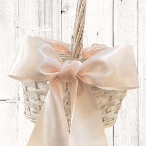 Flower Girl Basket Wicker or Willow Basket White Wash with Satin Bows color choice of bows Farmhouse basket
