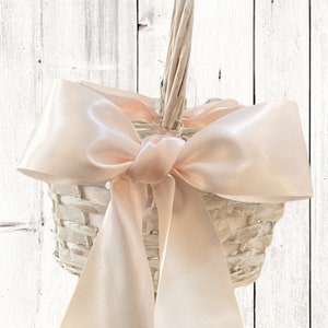 Flower Girl Basket Modern Wicker or Willow Basket White Wash with Satin Bows color choice of bows wedding basket Farmhouse Basket