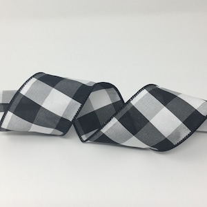 Fita de fazenda fita de verificação de búfalo fita preta e branca de 2,5" com fio, decoração de fazenda, laços de guirlanda, artesanato