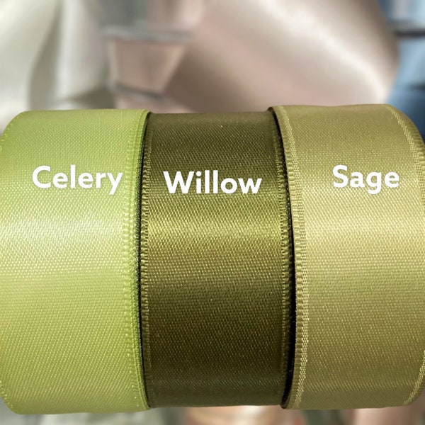 Sage Green Satin Ribbon Double Sided Willow Green, Sage Green, Celery Green Luxurious Satin for Weddings, Invitations, Sashes, By the Yard