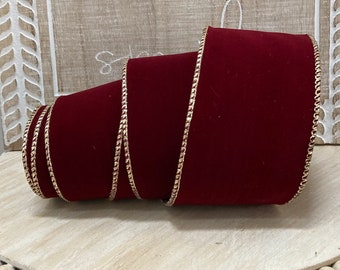 Waterproof Christmas Velvet Ribbon: 2.5" Wired Dark Red with Gold Trim