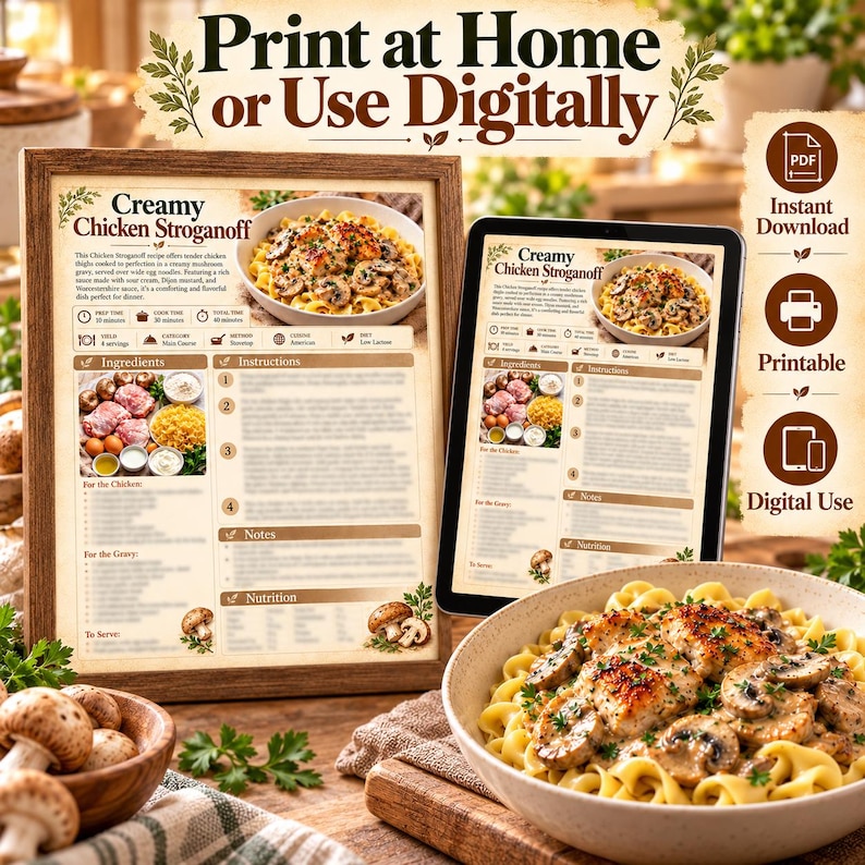 Creamy Chicken Stroganoff Recipe Card | Mushroom Pasta Dinner (digital ...