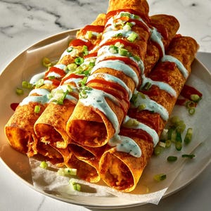 May include: A plate of golden-brown, rolled food items, possibly taquitos or flautas, drizzled with red and light blue sauces, and garnished with chopped green onions. The food is arranged on a white plate with a white paper liner.
