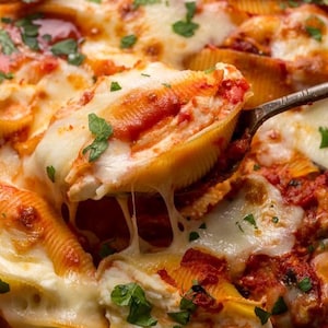 Puede incluir: Primer plano de conchas de pasta horneadas rellenas con una mezcla cremosa de queso, cubiertas con salsa marinara y queso mozzarella derretido. Adornado con perejil fresco. Se levanta una cucharada de pasta del plato.