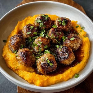 May include: A close-up shot of a white bowl filled with a vibrant orange puree, topped with several browned meatballs and a dark sauce. Fresh green herbs are sprinkled over the meatballs, enhancing the visual appeal of the dish. The food is presented on a wooden surface.