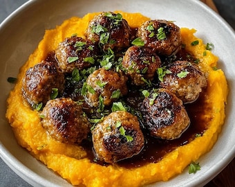 Bourbon Maple Pork Meatballs With Sweet Potato Mash And Bourbon-Maple Drizzle Recipe (Printable PDF)
