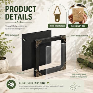 May include: A square black pine wood frame featuring ornate brass baroque corners, a clear acrylic front panel, and a matte black backing. The set includes a brass hook hanger and a brown paper gift box with the text Best Wishes printed on the front.