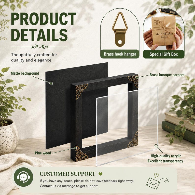May include: A square black pine wood frame featuring ornate brass baroque corners, a clear acrylic front panel, and a matte black backing. The set includes a brass hook hanger and a brown paper gift box with the text Best Wishes printed on the front.