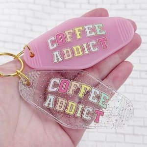 Coffee Addict, Retro Motel Keychain, Gift for her, Gift for coffee lover, Motel Tag, Luggage Tag, Coffee keychain, Keychain for coffee lover