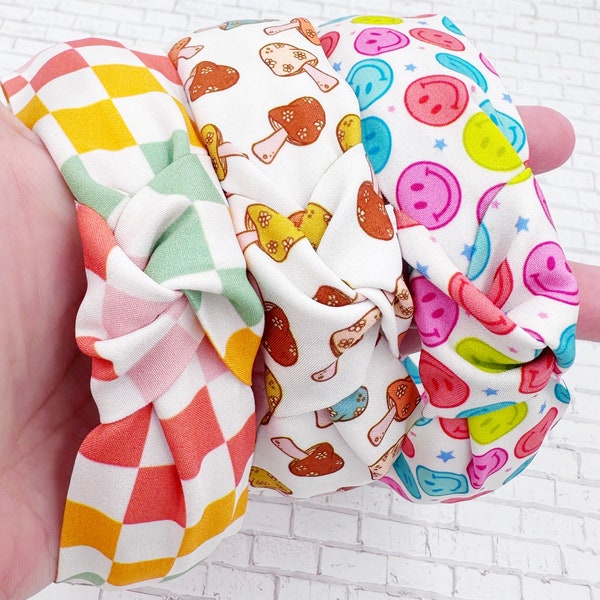 Knotted Headband, Fabric Headband, Headband for Girls, Trendy Headband, Top Knot Headband, Girl Headbands, Smiley Face Headband, Mushrooms