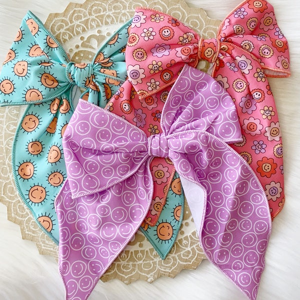 Fabric Hair Bow, Large Hair Bow, Large Bows for Girls, Cute Bows for Girls, Purple Hair Bow, Pink Hair Bow, Smiley Face Bow