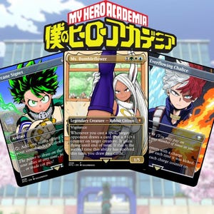 May include: Three My Hero Academia trading cards featuring characters and text. The cards include "Arcane Signet", "Ms. Bumbleflower", and "Everflowing Chalice". The background includes the My Hero Academia logo and a blurred image of a building and cherry blossoms.