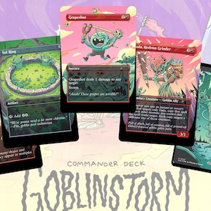 May include: A collection of Magic: The Gathering cards from the Goblinstorm Commander Deck. The cards feature colorful illustrations of goblins and other fantasy creatures, with text and card details visible.