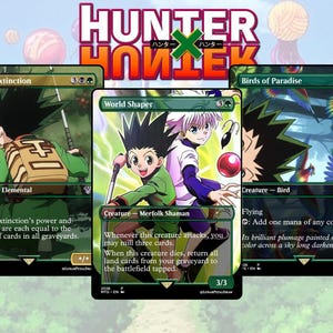 May include: Three custom trading cards featuring characters from Hunter x Hunter. The cards are titled "Lord of Extinction", "World Shaper", and "Birds of Paradise". Each card has unique artwork and game text. The Hunter x Hunter logo is at the top.