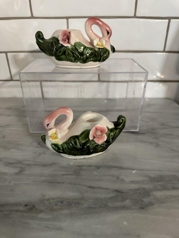 Vintage Royal Sealy Japan Ceramic Swan Candle Holders Floral Mid
