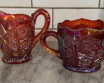 Iridescent Sunset Red Indiana Heirloom Carnival Glass Sugar Creamer UV glow