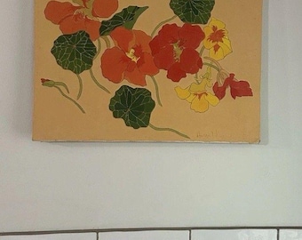 Bodegón floral original, 20 x 16 cm, óleo sobre lienzo, década de 1970.