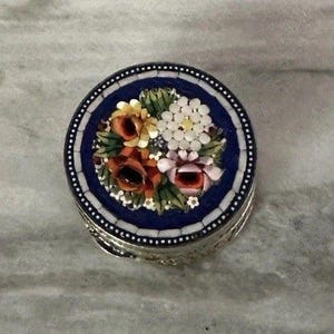 Vintage Italian Floral Micro Mosaic Small Gold Tone Trinket Box Pill Ring Case