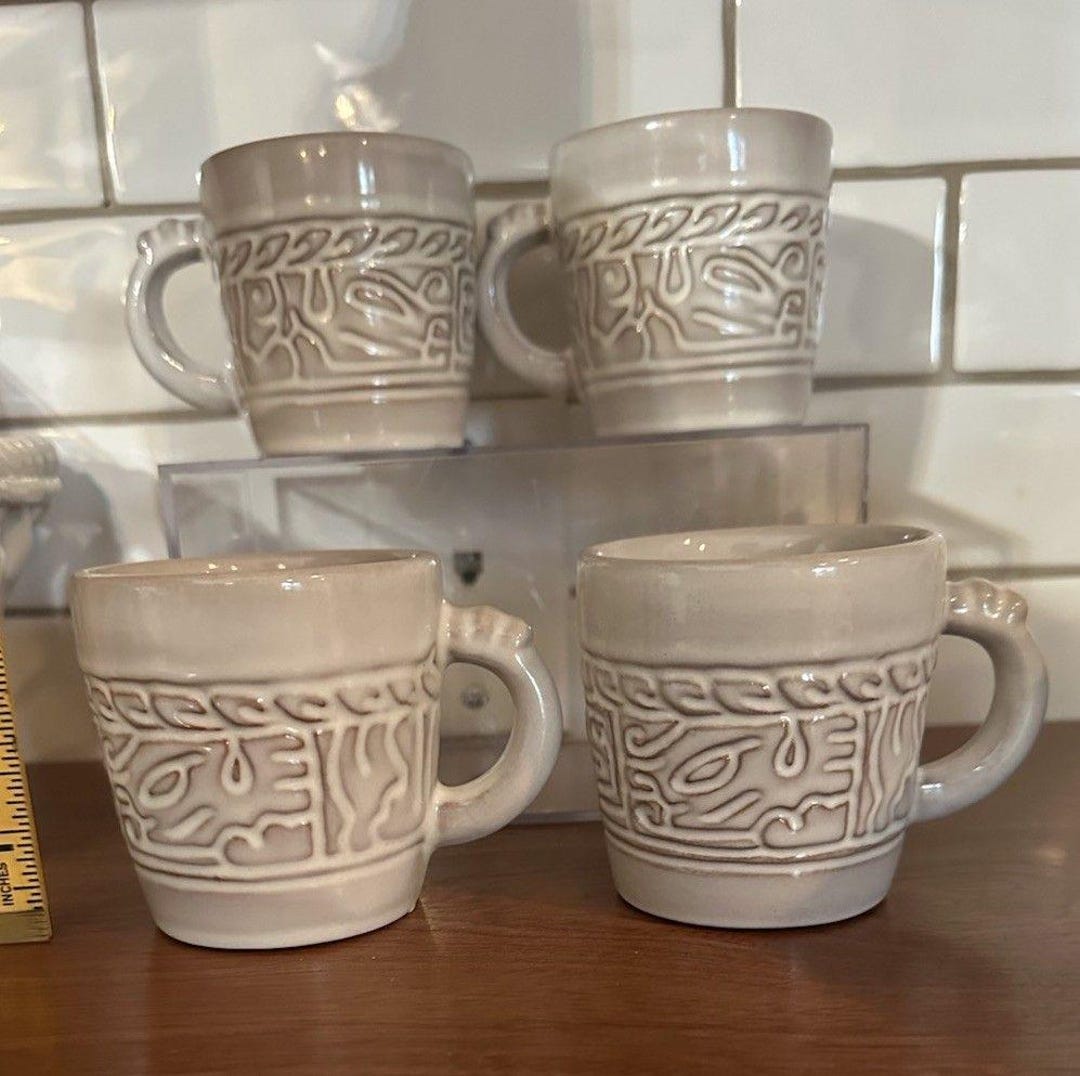 Vintage Frankoma Mayan Aztec 7C Coffee Cups Mugs Set of 4 MCM Western ...