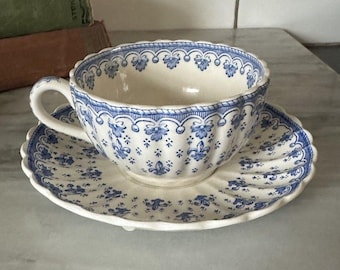 Seltene Vintage Spode Fleur-de-lis Französisch Blau Teetasse und Untertasse