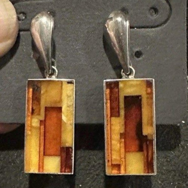Vintage Artisan JZ Baltic Amber Mosaic 925 Silver Geometric Drop Earrings