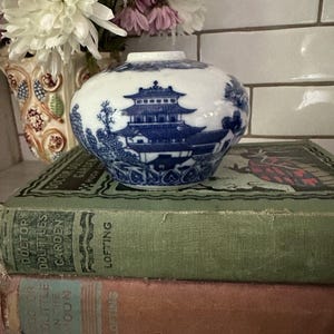 Könnte beinhalten: Kleine, runde Vase aus weiß-blauem Porzellan mit detailliertem Pagoden-Design. Die Vase steht auf zwei antiken Büchern mit grünen und rosa Einbänden. Im Hintergrund eine Vase mit Blumen.