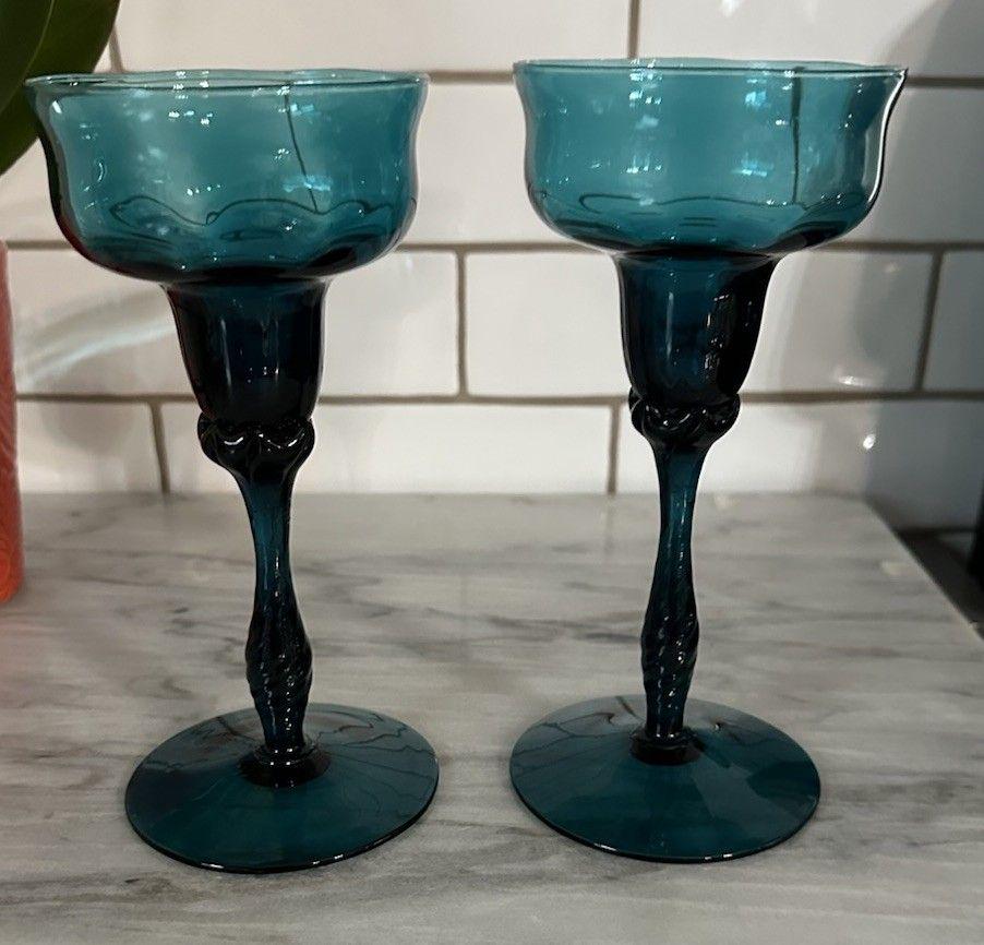Empoli Italian Art Glass Set 2 Teal Blue Twisted Stem Candle