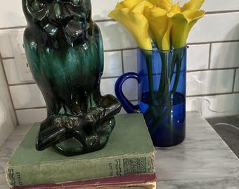 Vintage Blue Mountain Pottery Grote Hoornuil Groen Druppelglazuur MCM 10 inch hoog