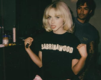 SABRINAWOOD Text Tee T-Shirt | Bold White Lettering on Black