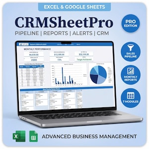 Puede incluir: Un portátil que muestra un panel de control CRM con gráficos y datos. La pantalla muestra el texto "CRMSheetPro" y "Advanced Business Management". Se ven iconos de canalización de ventas, informes mensuales y 7 módulos.