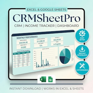 May include: A digital product mockup of a CRM dashboard, designed for Excel and Google Sheets. The interface displays monthly performance metrics, including revenue, expenses, and profit. Additional features include easy setup, instant download, and customization options.