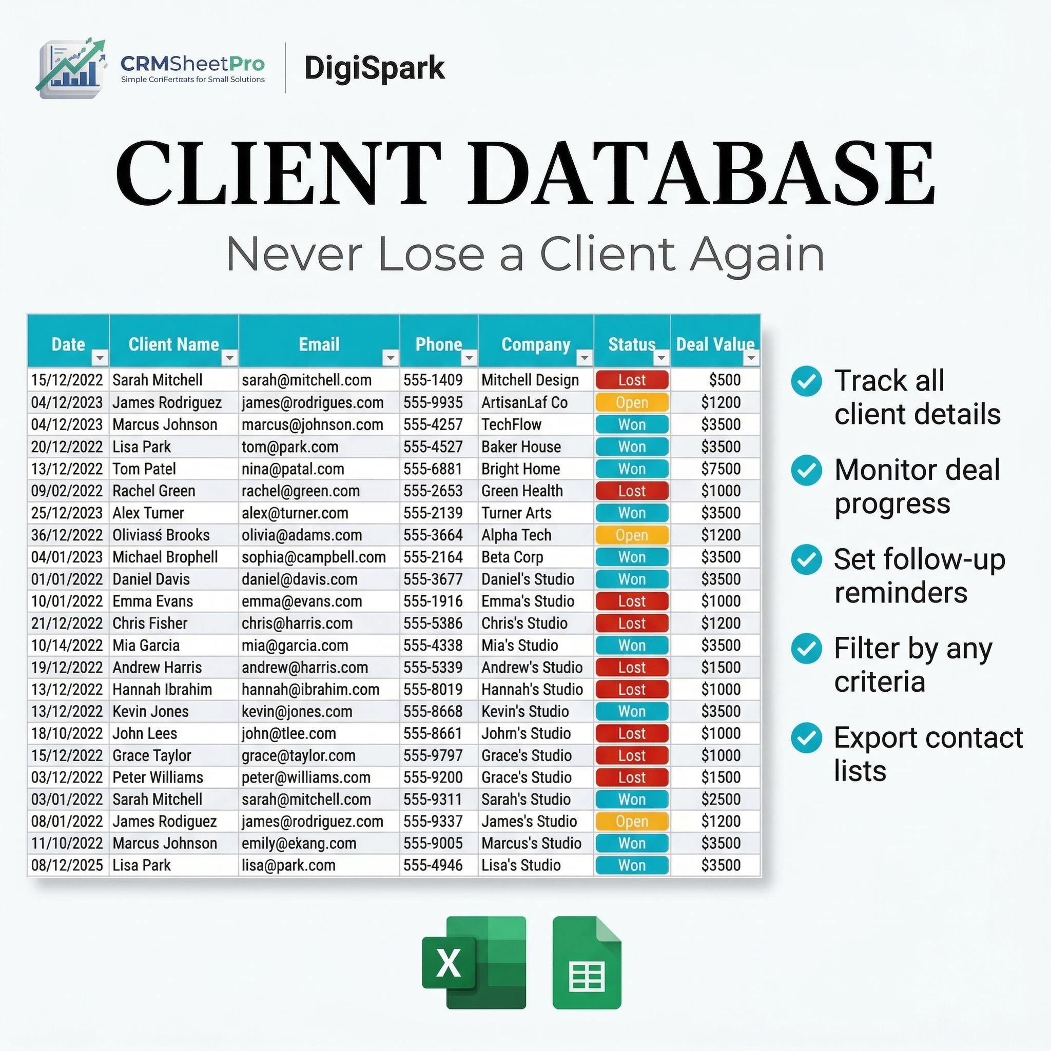 CRM Spreadsheet Template Basic | Google Sheets Sales Tracker | Client ...