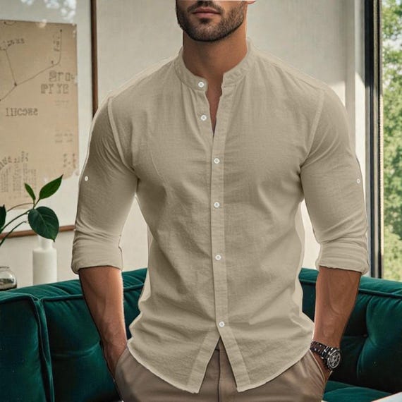 Men’s Casual Cotton Linen Shirt, Long Sleeve Button-Down Slim Fit European Fashion White Top