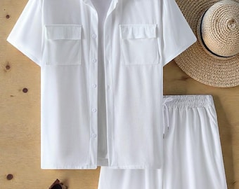 Men Corduroy Shirt and Shorts Set, Casual Summer Outfit