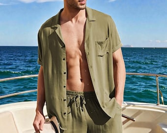 Men Linen Shirt and Shorts Set, Summer Two Piece Outfit