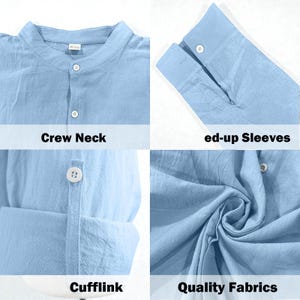May include: Light blue shirt with a crew neck, buttoned cuffs, and rolled-up sleeves. The shirt is made of quality fabric. The image shows details of the shirt, including the crew neck, cufflink, and quality fabrics.